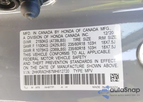 2021 Honda Cr-V Awd Ex-L from USA, damaged, VIN 2HKRW2H87MH612720